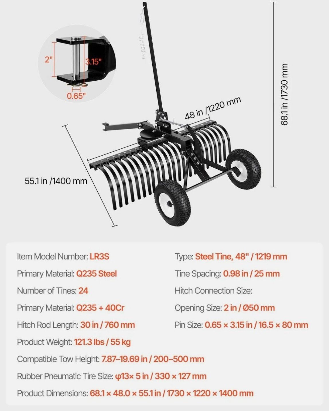 1219mm Rasentraktor Heuharke ATV mit 24 Zinken