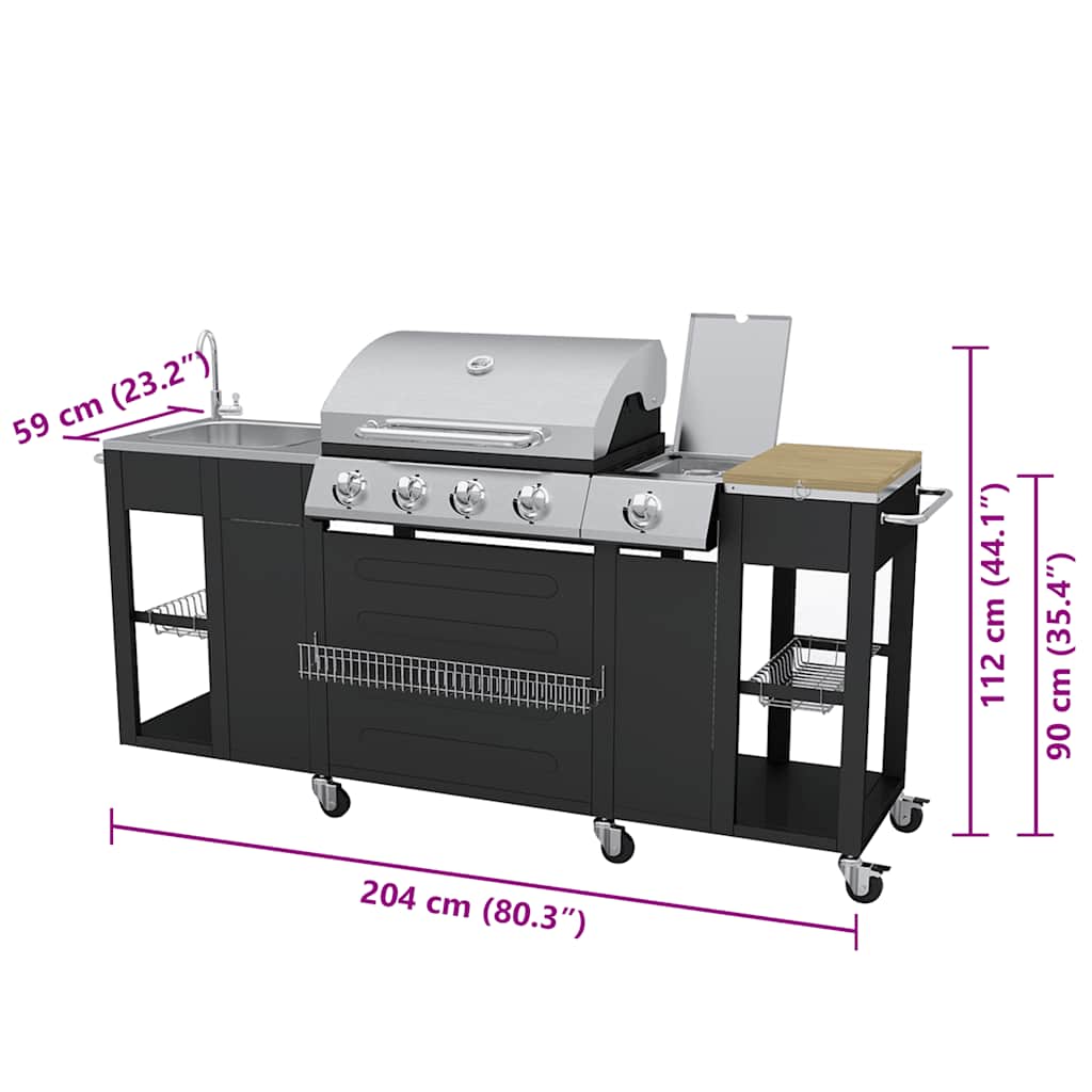 Gasgrill 4+1 Brenner Schwarz 204cm Grillwagen Seitenkocher