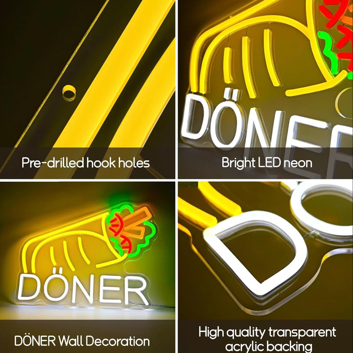 Döner Neon Schild LED Leuchtschild Hängeschild USB Dimmbar