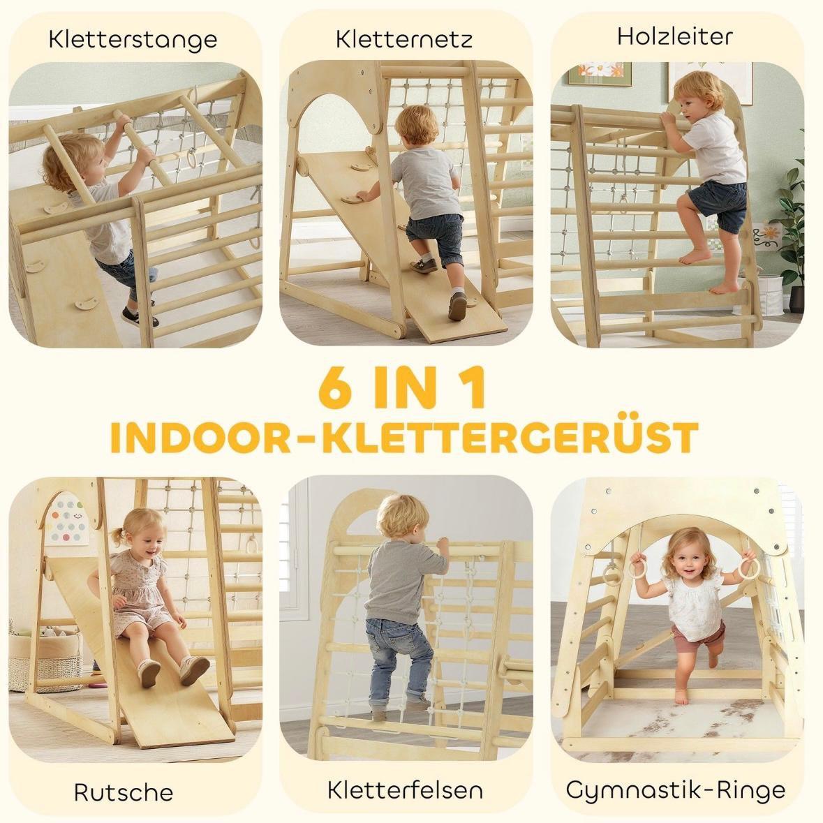 6in1 Montessori Klettergerüst Kinder Indoor mit Rutsche & Kletternetz Holz Spielgerät