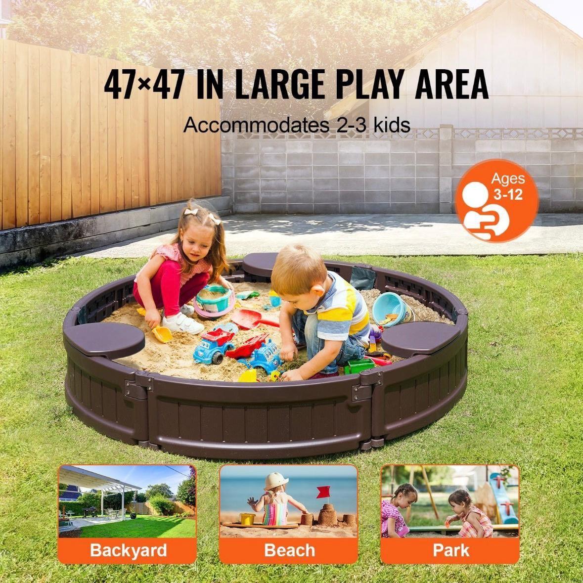 Runder Sandkasten Ø120 cm – Kinder Sandkiste mit Sitzen & Abdeckung