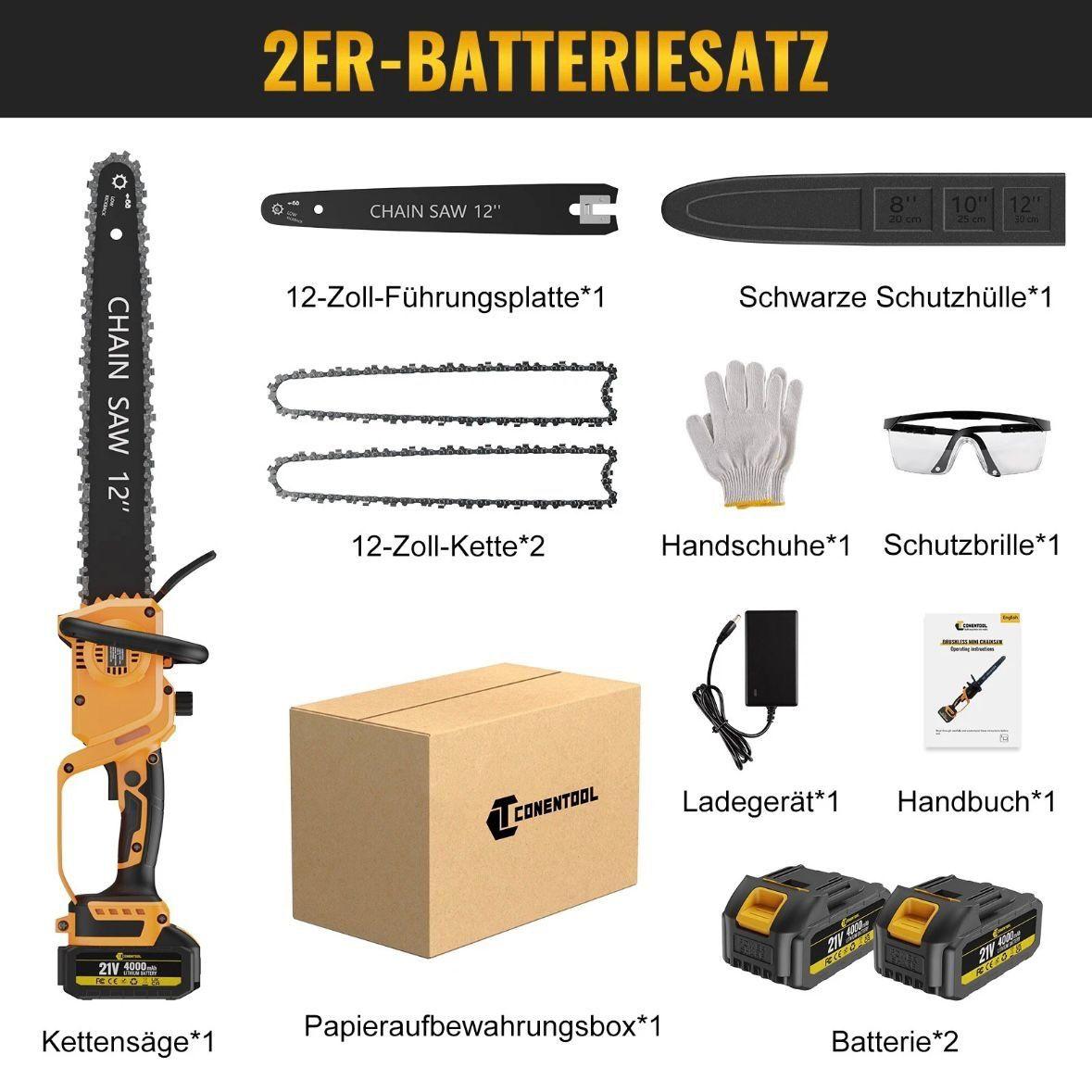 Akku-Kettensäge 12 Zoll 1000W Brushless mit 2 Akkus