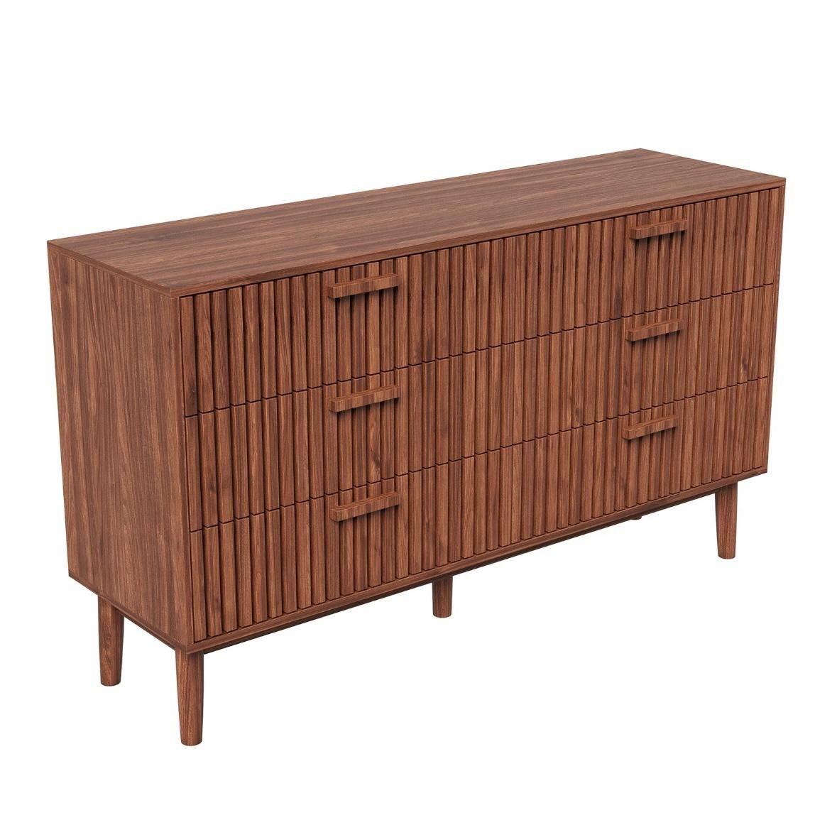Kommode 6 Schubladen Nussbaum-Optik Rattan-Elementen & Metallgriffen