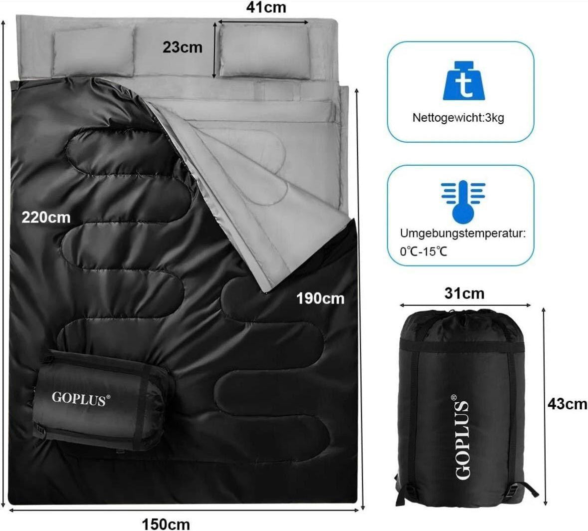Doppelschlafsack für 2 Personen 2in1 Deckenschlafsack
