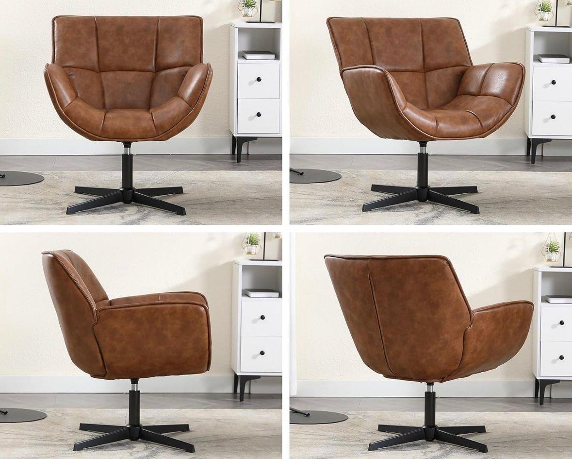 Loungesessel Vintage Braun Kunstleder Drehbar Metallgestell