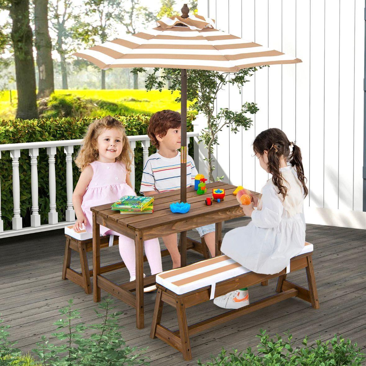 Kinder Picknicktisch Set aus Holz mit Sonnenschirm & Sitzkissen