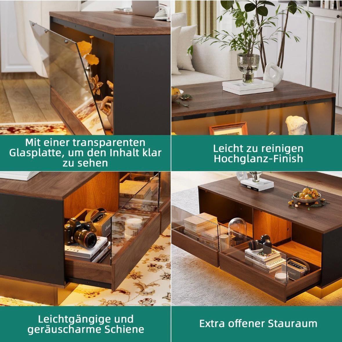 LED Couchtisch mit Glasablage & Schubladen – modern & stilvoll