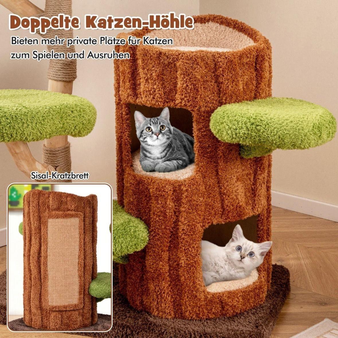 Kratzbaum aus Holz mit Katzenhöhle & Liegefläche stabil & mehrstöckig