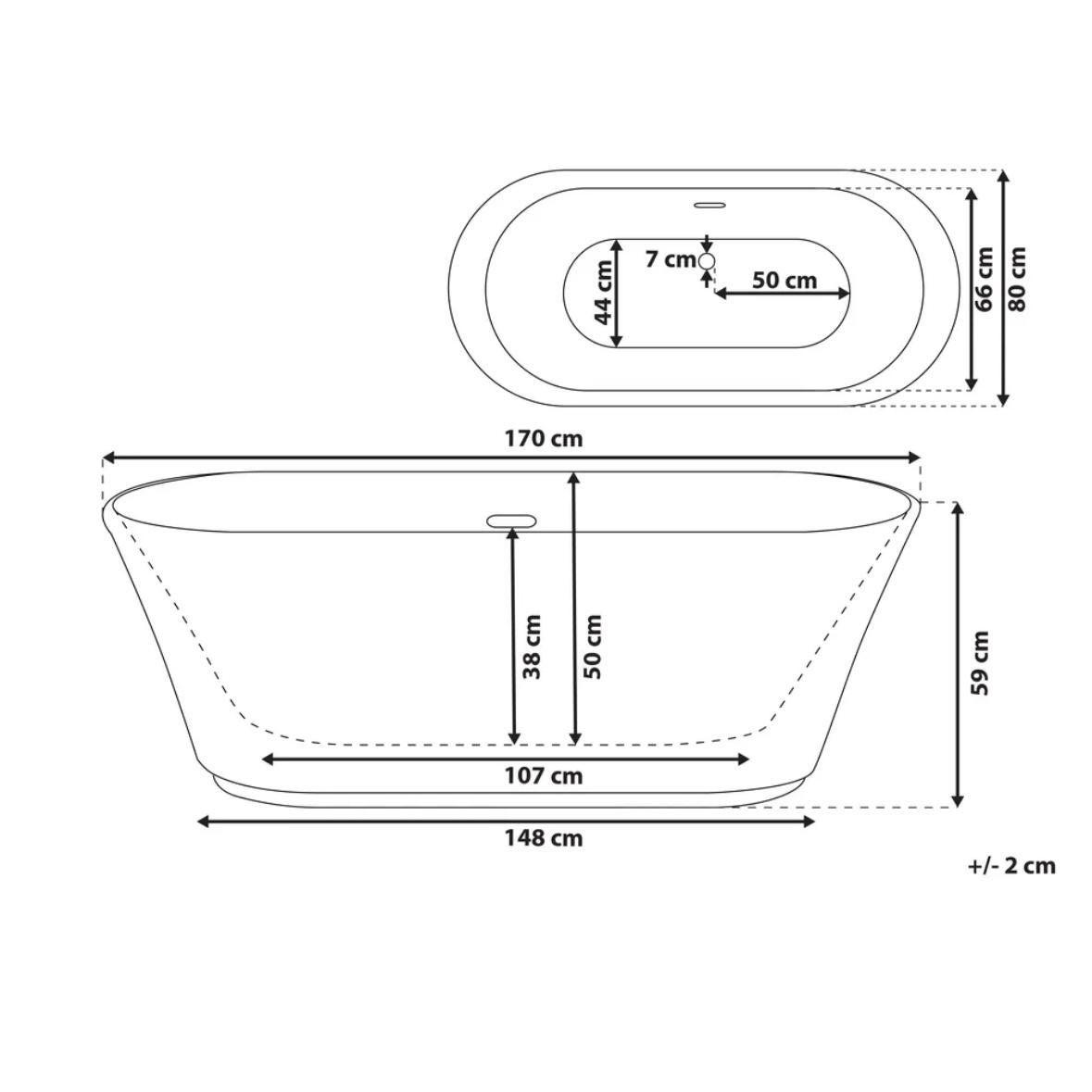 Freistehende Badewanne 170cm Weiß Acryl Oval mit Überlauf 220L