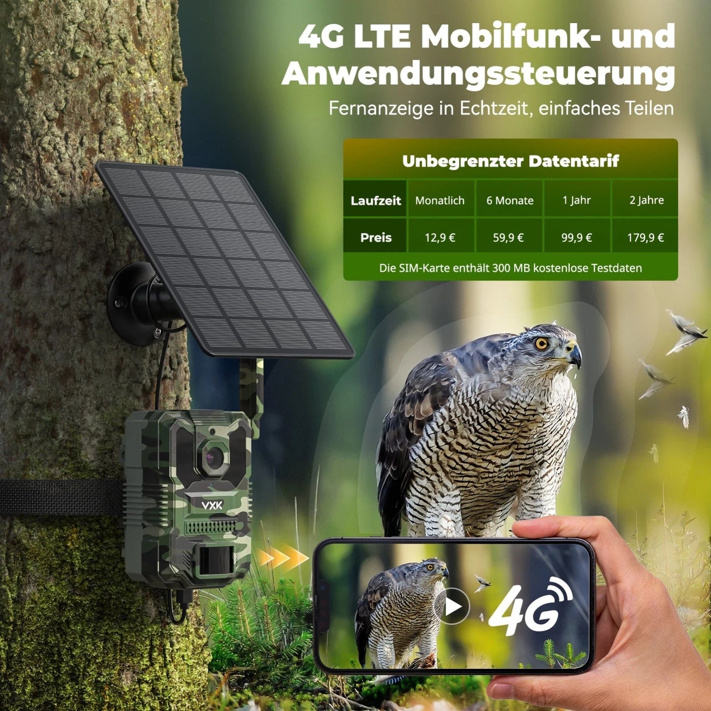 4G LTE Wildkamera Handyübertragung APP 27K Solar SIM Karte 64GB Nachtsicht