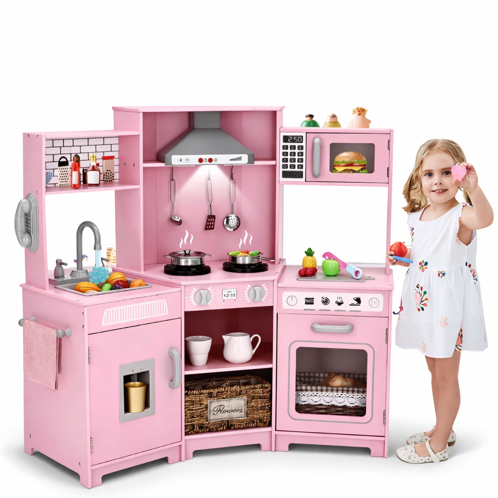Kinder-Holzküche im Eck-Design mit Zubehör – Realistisches Spielküchen-Set