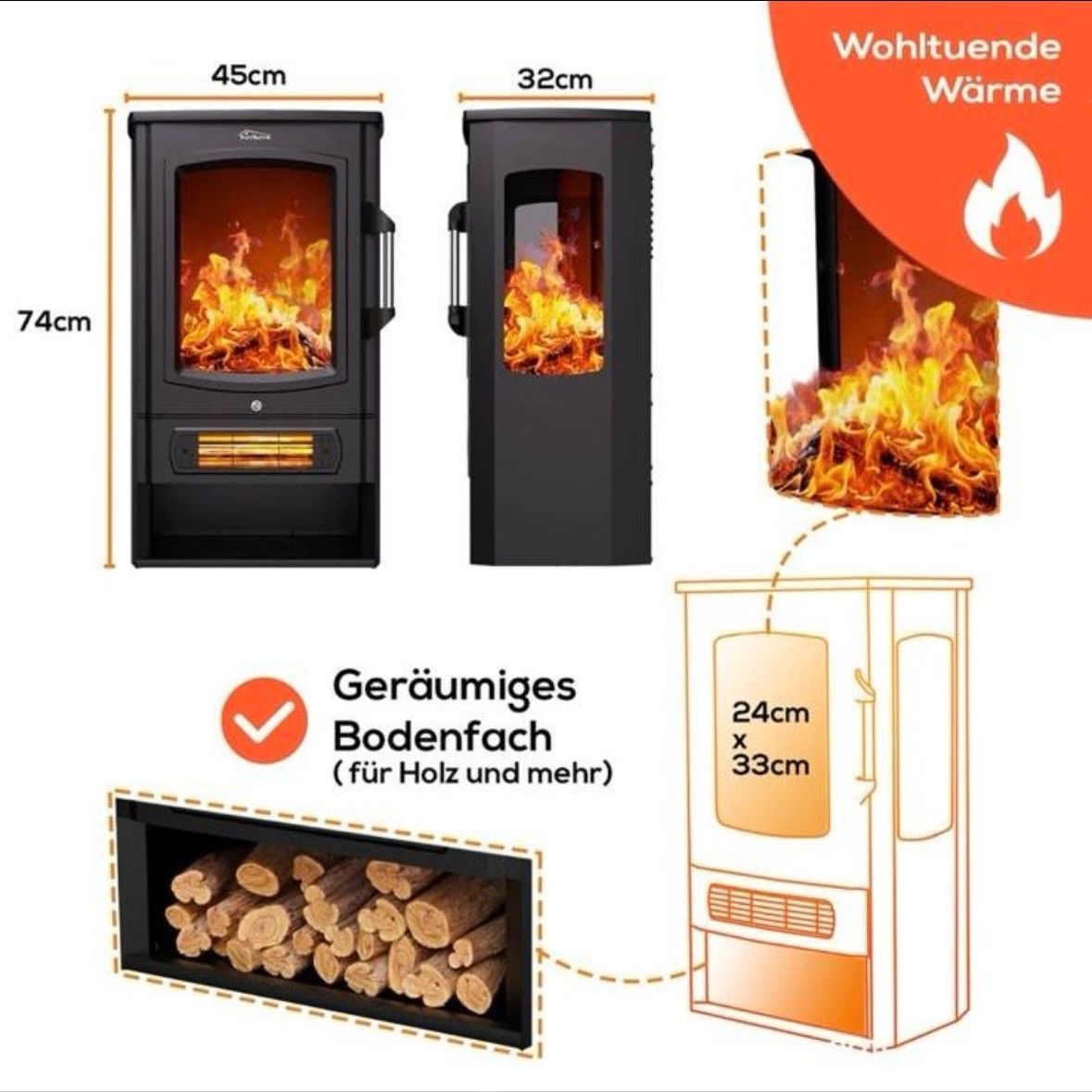 Elektrokamin Kaminofen Heizgerät Modern 2kW