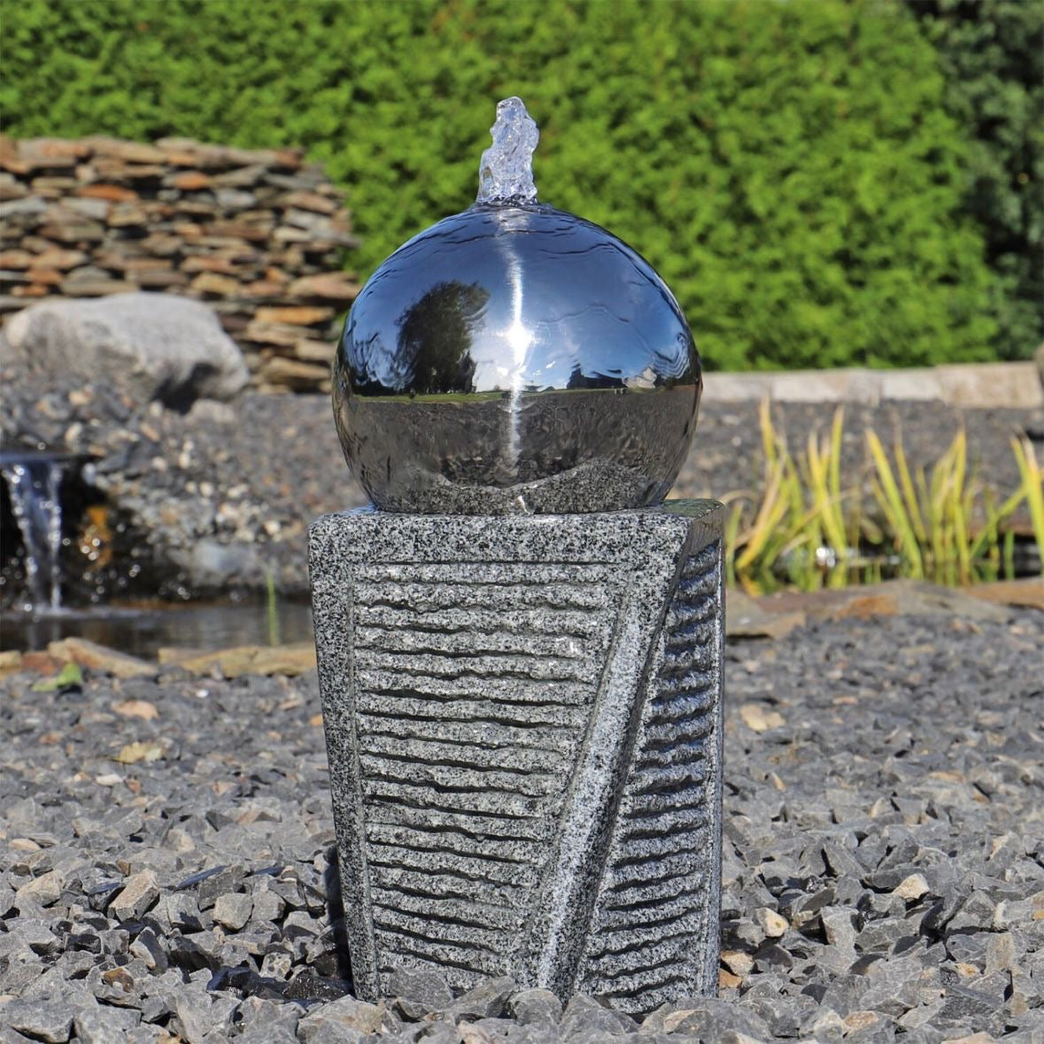 Granit Stein Springbrunnen Edelstahlkugel LED Brunnen