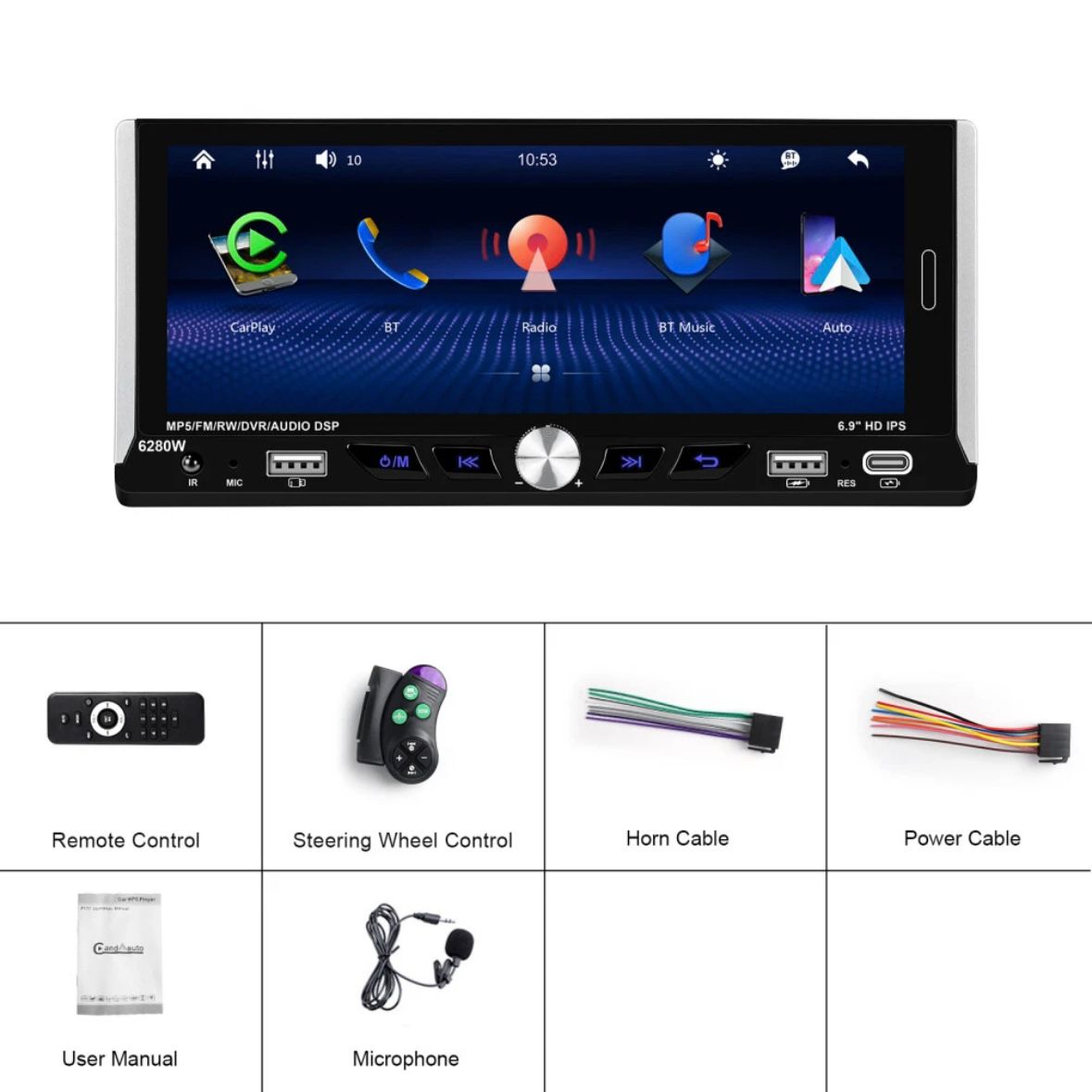 Single 1DIN 6.9" Autoradio Apple CarPlay Android Bluetooth USB