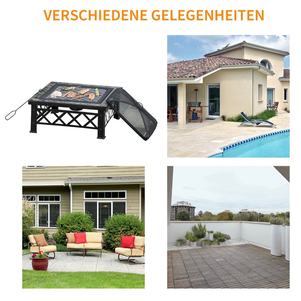 3in1 Feuerschale Feuerkorb Funkenschutz Grillrost Garten BBQ