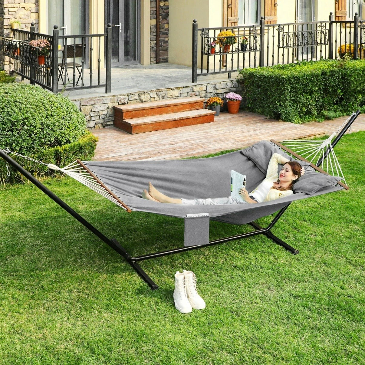XXL Hängematte Hängeliege Liege Gartenmöbel 2 Kissen 300kg 210x150cm