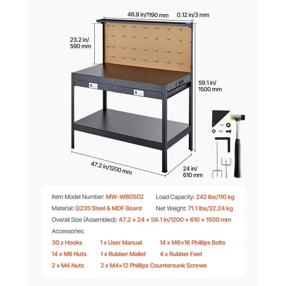 Werkbank LED Werkstatttisch 120cm Lochwand Werkstatt Werkzeugwand
