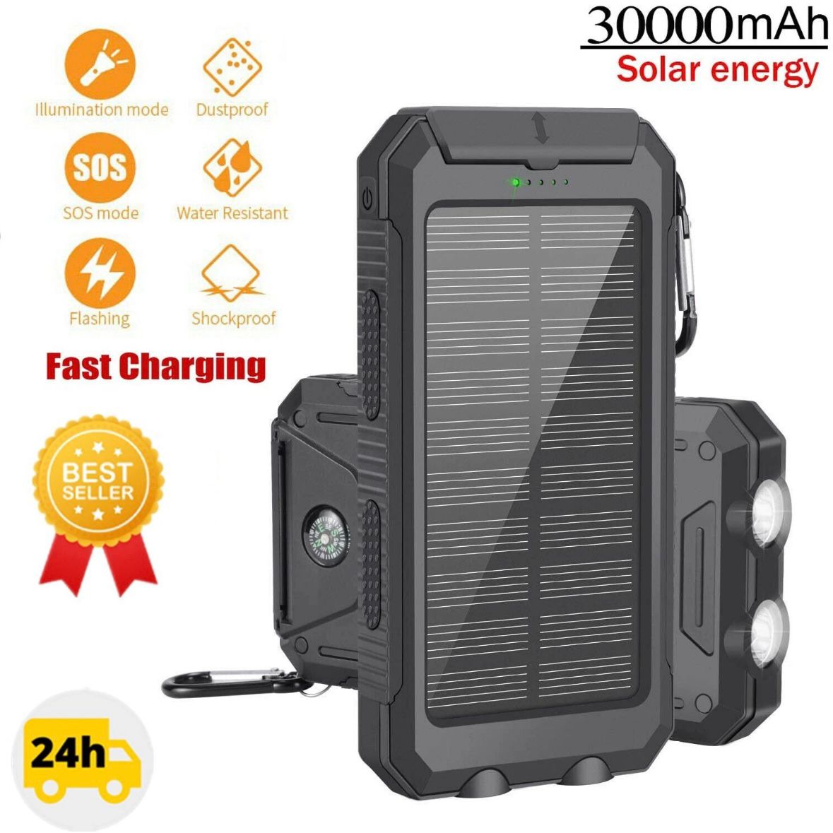 Solar Powerbank 30000mAh Ladegerät Batterie LED 2 USB