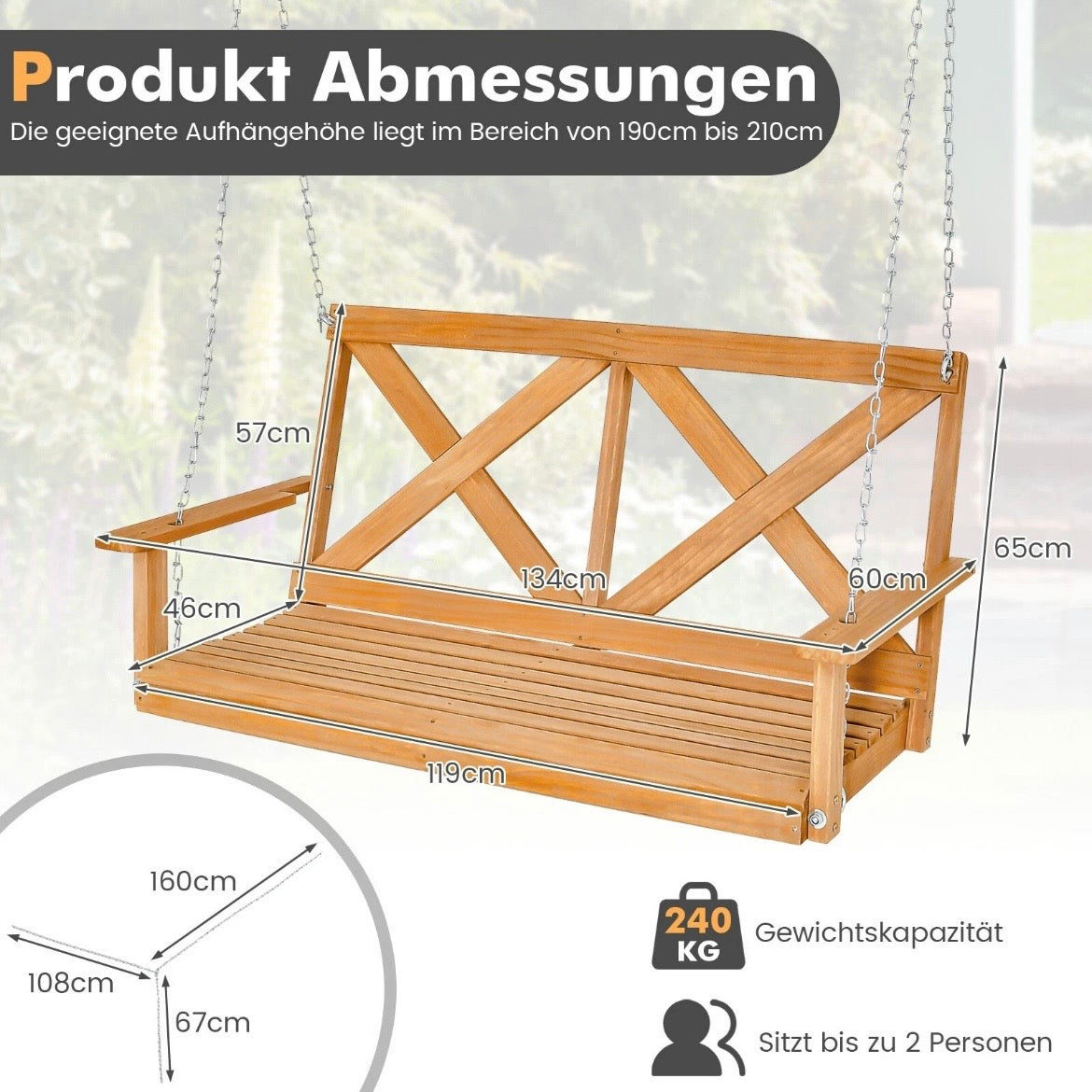 2-Sitzer Hollywoodschaukel Holz Gartenschaukel Hängebank Hängeschaukel