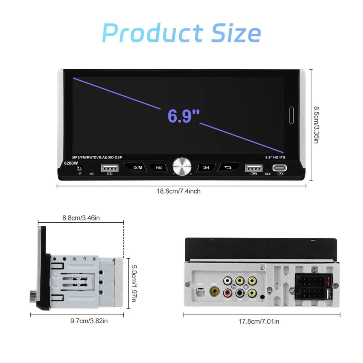 Single 1DIN 6.9" Autoradio Apple CarPlay Android Bluetooth USB