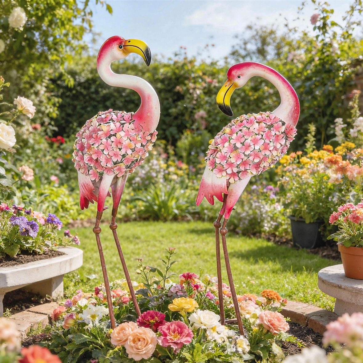 2x Flamingo Gartenstatuen Set Garten Metallvögel Dekoration