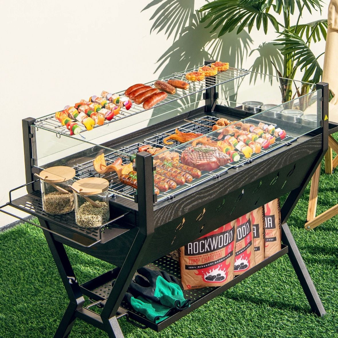 Holzkohlegrill Würzregalen Grillwagen Campinggrill BBQ Edelstahl Grill