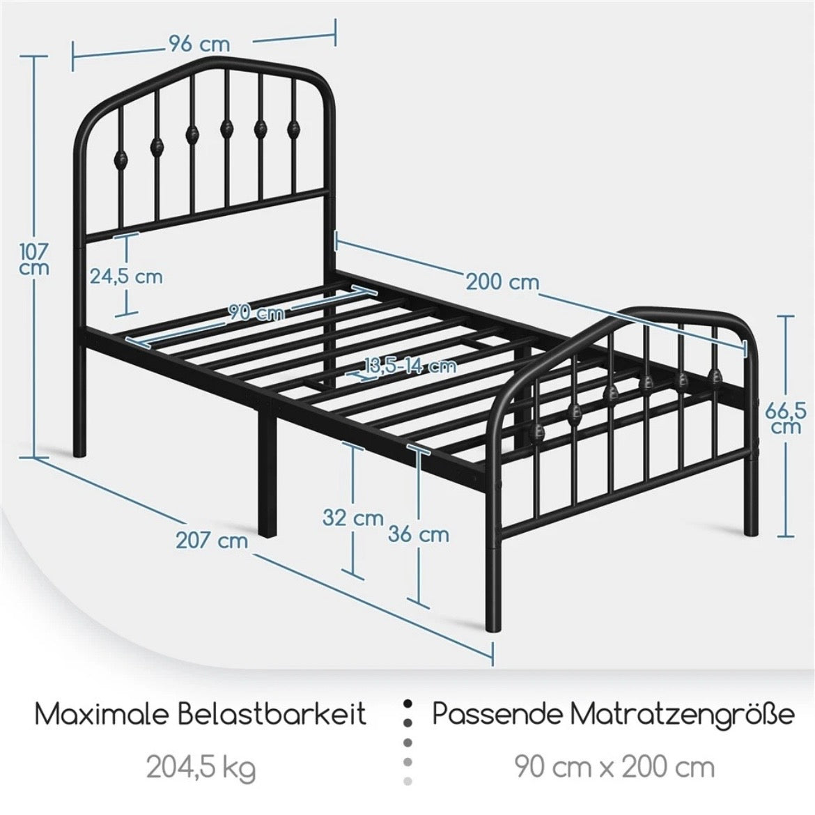 Antik Einzelbett Metallbett 90x200 Bettgestell Schlafzimmer
