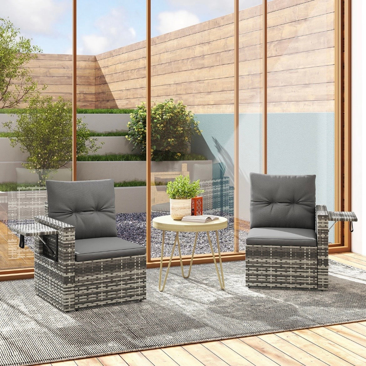 2-Sitzer Rattansofa Klappbar Seitentabletts Loungesofa Sitzgruppe
