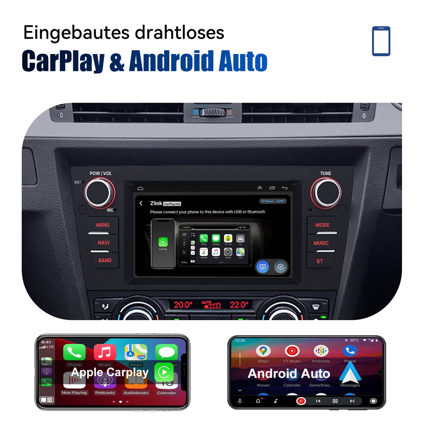 Autoradio 7 Zoll Android 14 CarPlay GPS Navi Touchscreen 2 +32GB 2DIN E90 E91