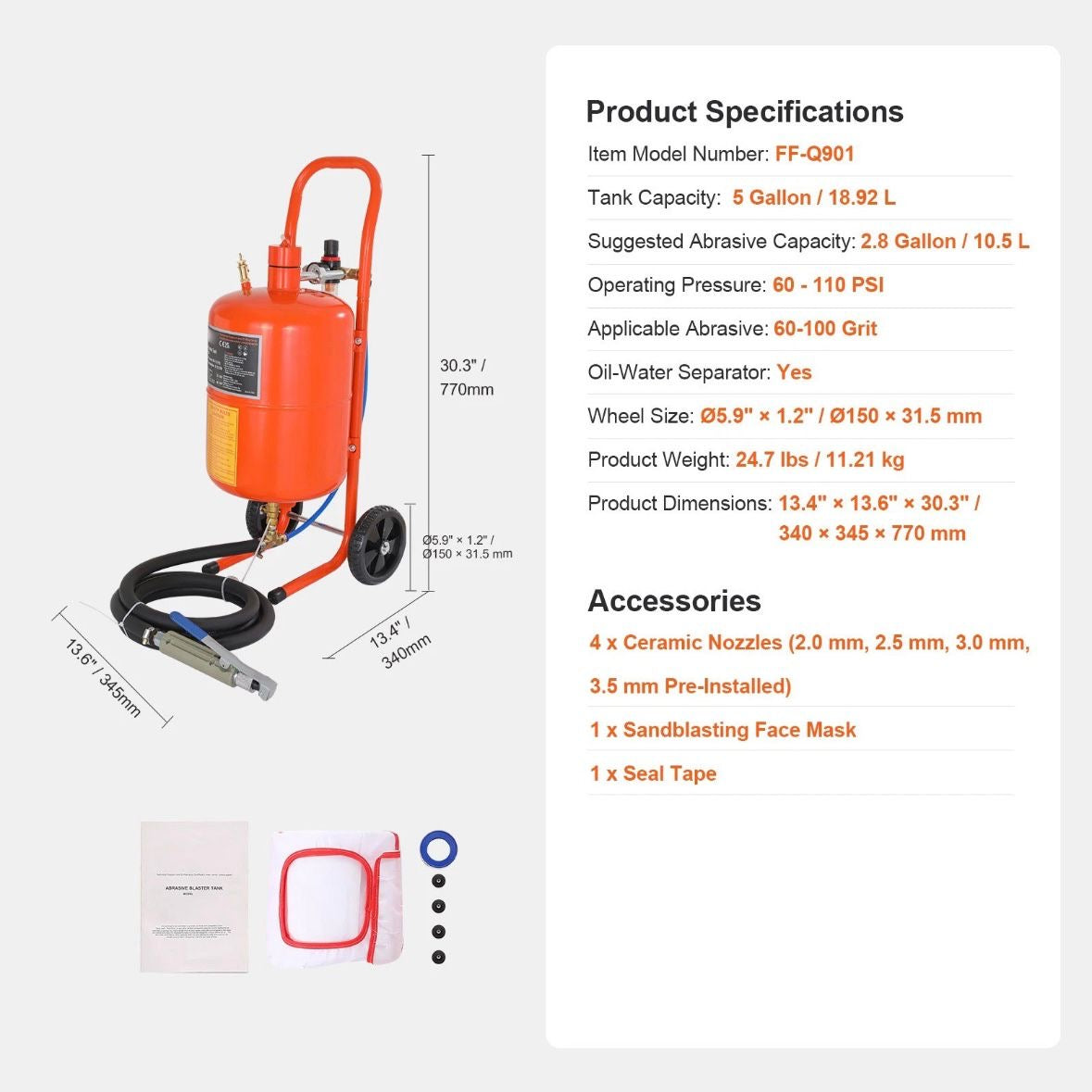 18,92L Mobiles Sandstrahlgerät 60–110PSI