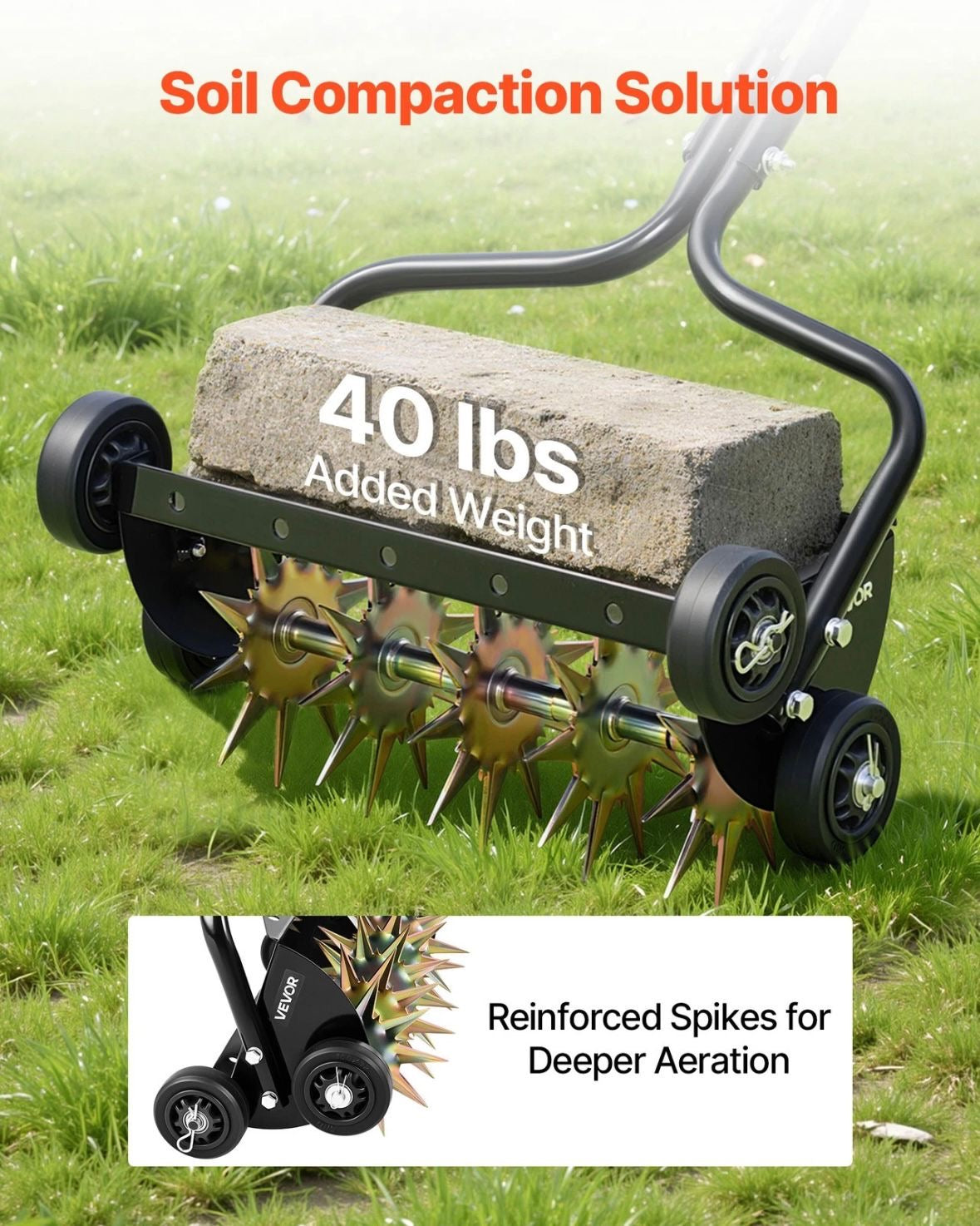 Rasenlüfter Walze Manuell 45cm Aerifizierer für Rasen 5cm Spikes