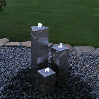 Edelstahl Springbrunnen eckig LED 3 Säulenbrunnen Gartenbrunnen