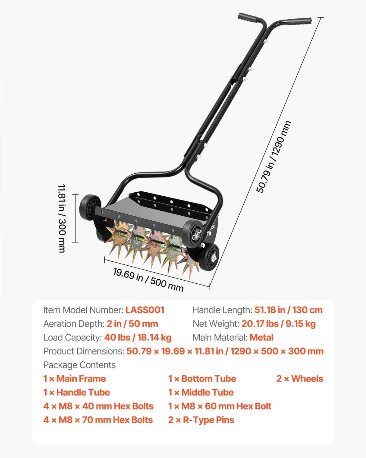 Rasenlüfter Walze Manuell 45cm Aerifizierer für Rasen 5cm Spikes