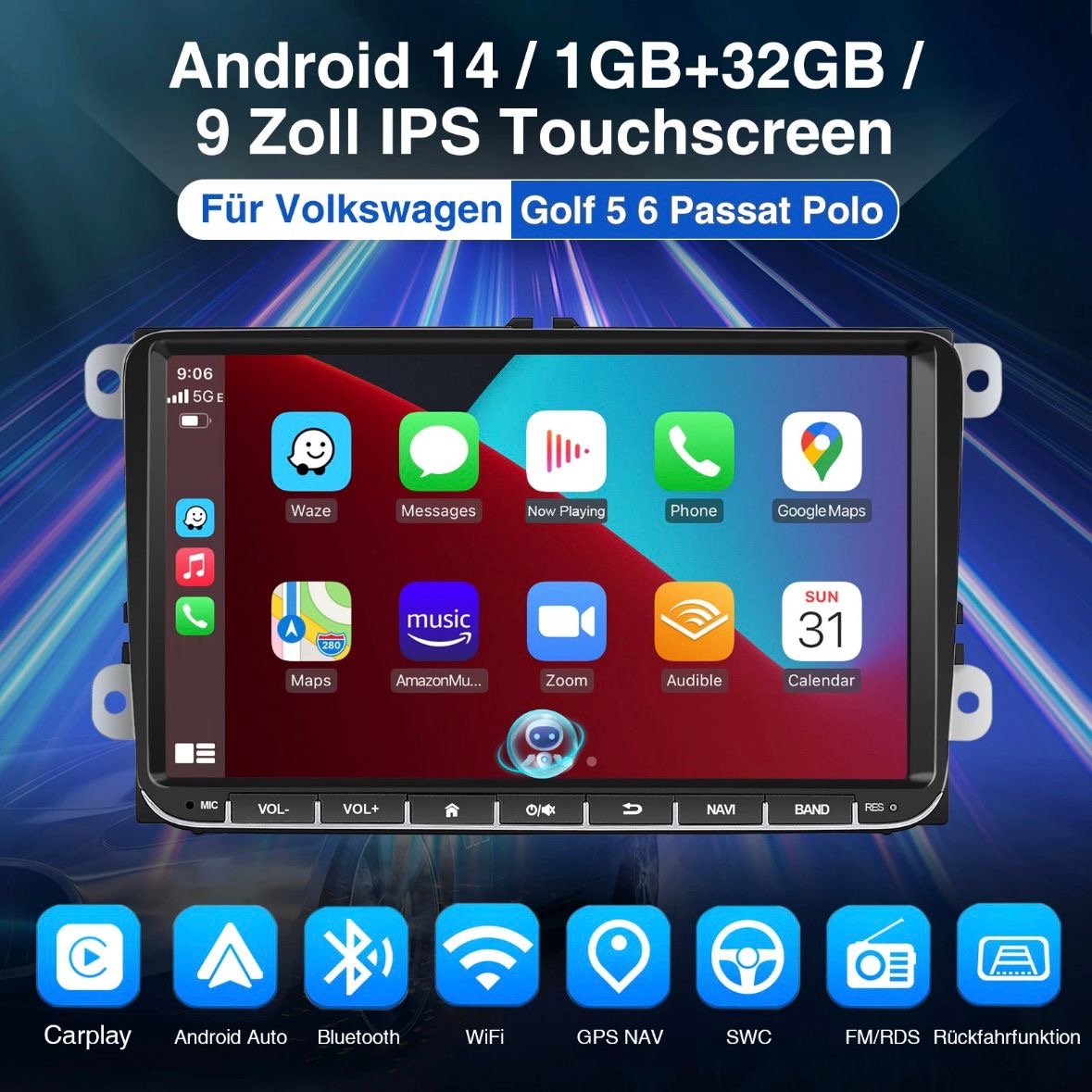 Android 14 Carplay Autoradio GPS NAVI RDS Für VW GOLF 5 6 Touran EOS