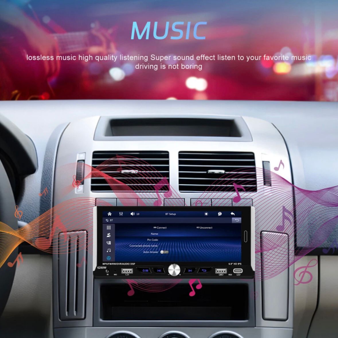 Single 1DIN 6.9" Autoradio Apple CarPlay Android Bluetooth USB