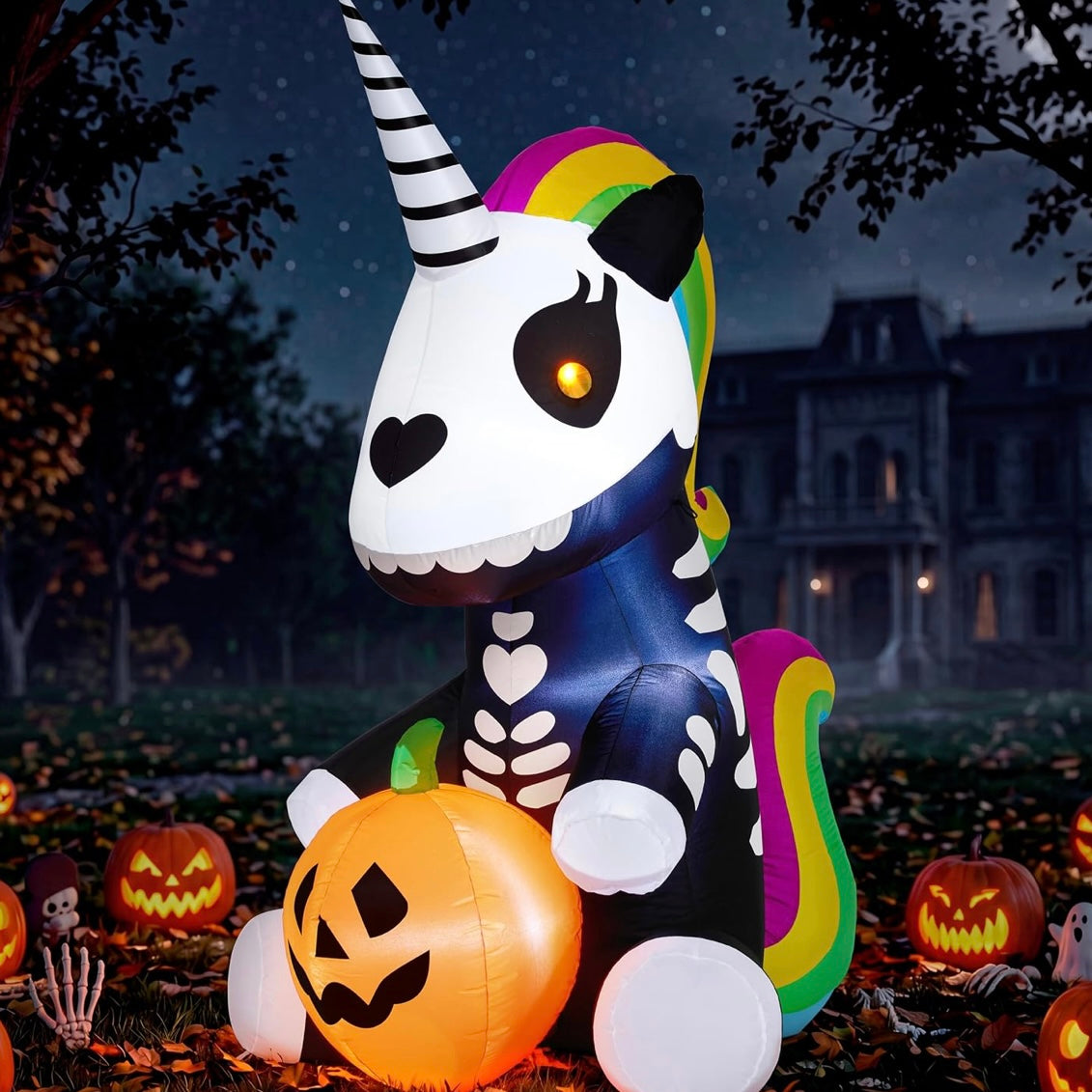 LED Halloween Skelett Einhorn 152cm Aufblasbar Gartendeko Deko Halloween
