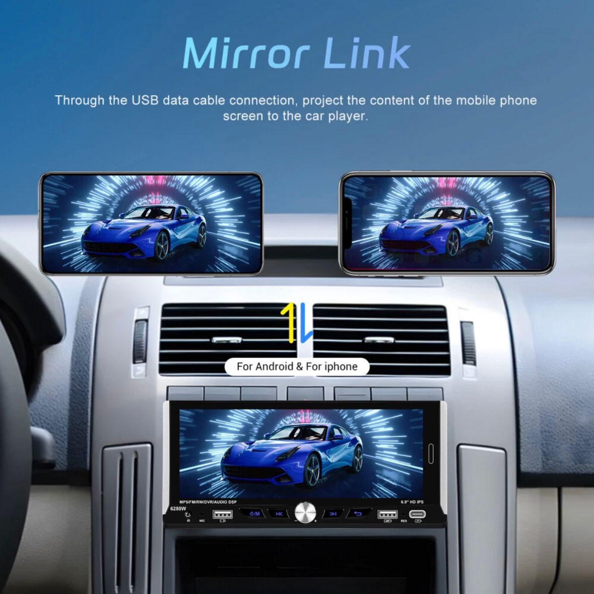 Single 1DIN 6.9" Autoradio Apple CarPlay Android Bluetooth USB