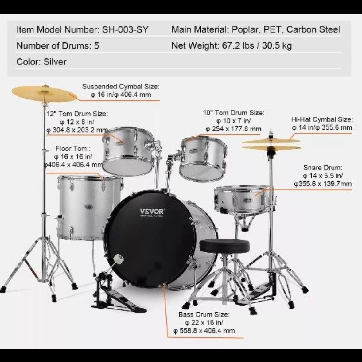 5 teilig Schlagzeug Set Drumset