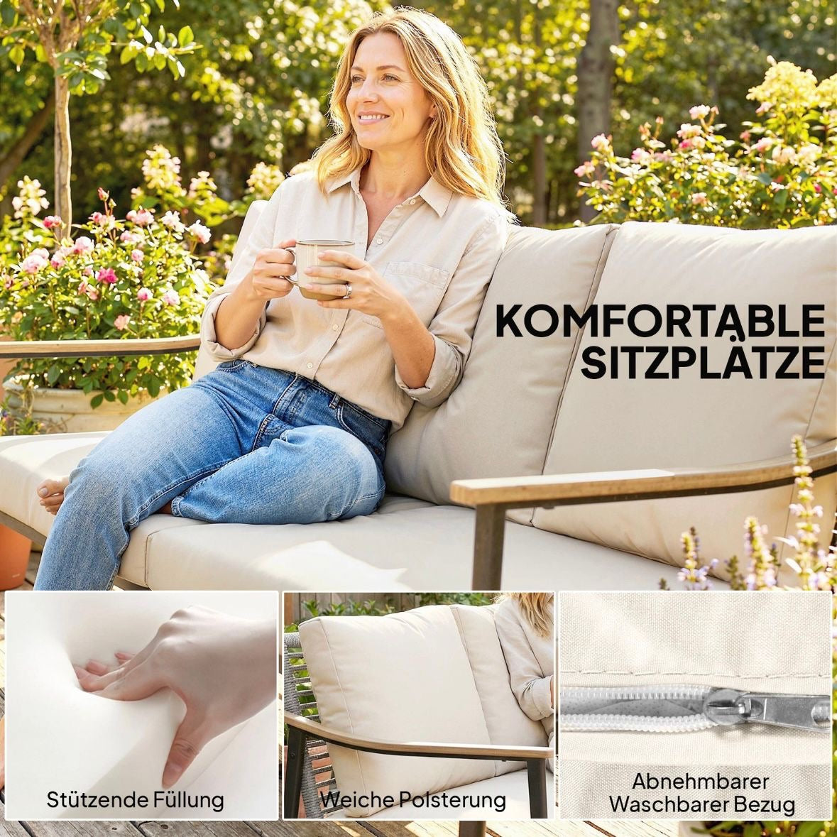 Gartensofa 3 Sitzer Rattan Loungesofa mit Kissen