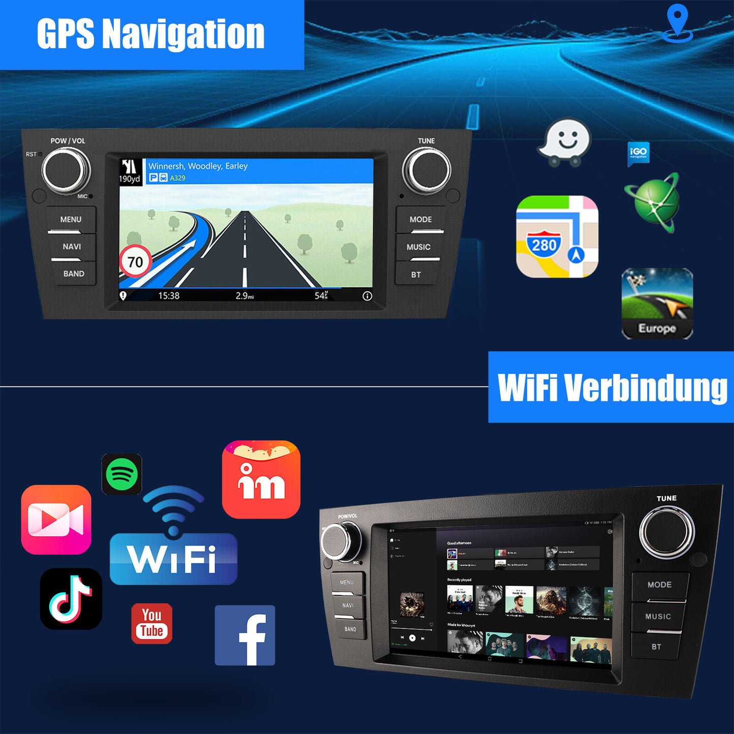 Autoradio 7 Zoll Android 14 CarPlay GPS Navi Touchscreen 2 +32GB 2DIN E90 E91
