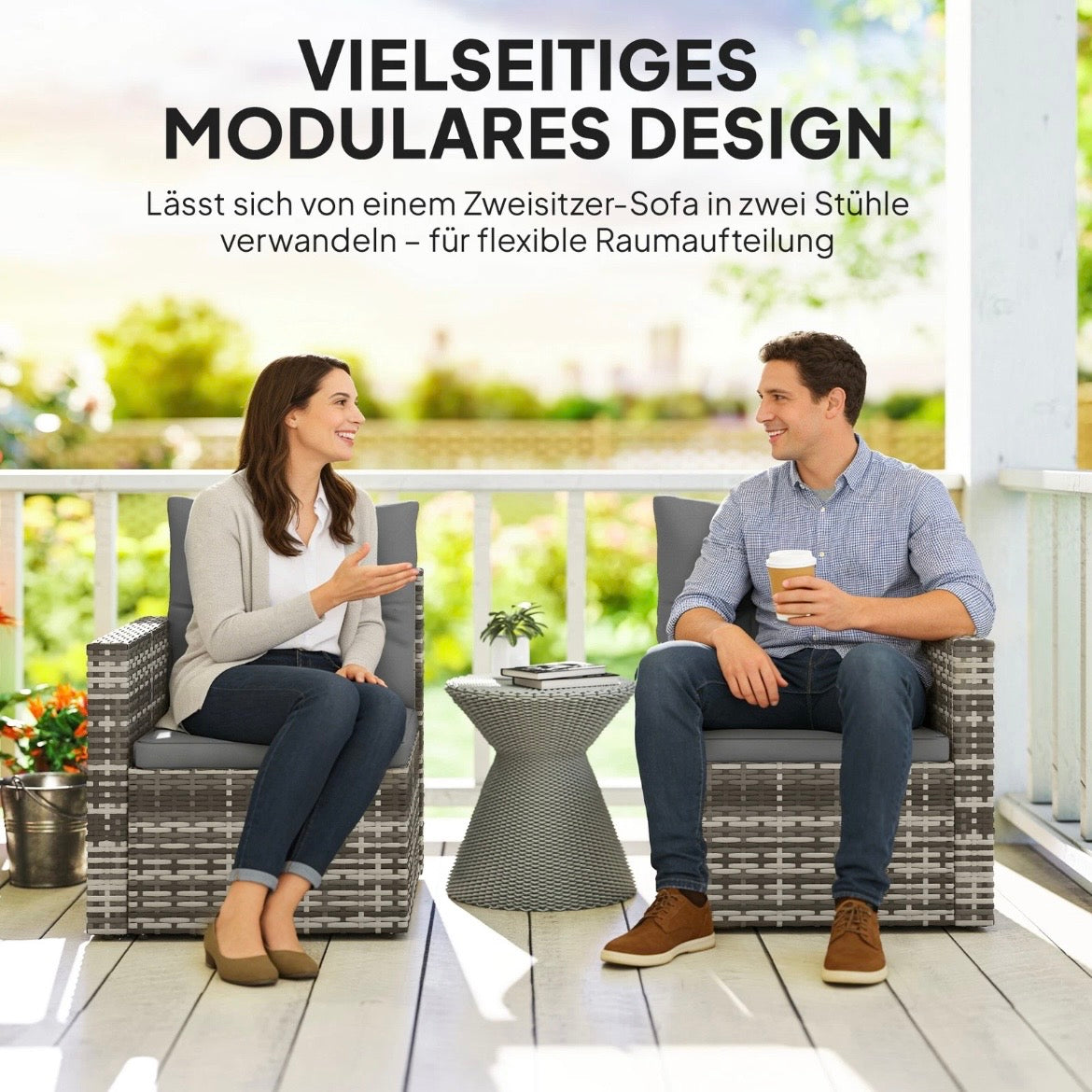 2-Sitzer Rattansofa Klappbar Seitentabletts Loungesofa Sitzgruppe
