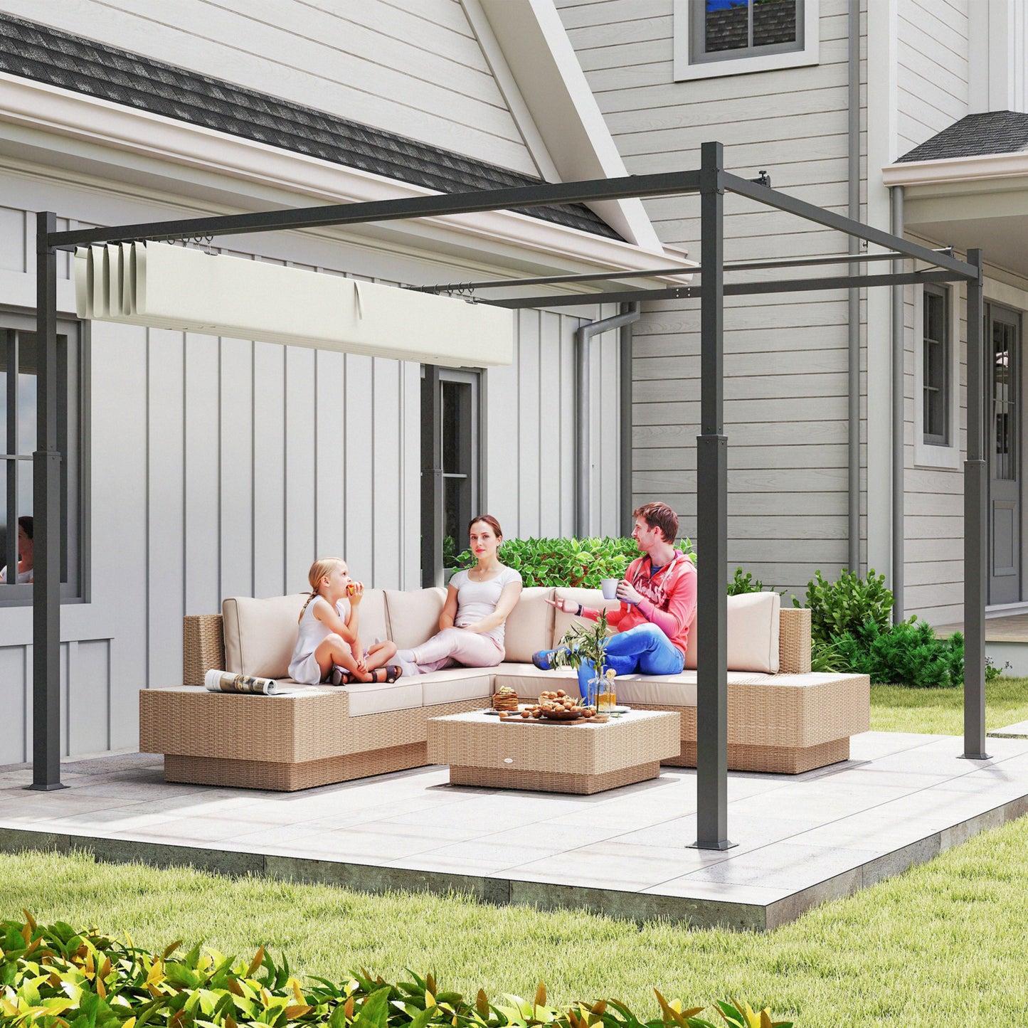 Garten-Pergola 3x3m ausziehbares Dach Magnetpad UPF30+ Pavillon Cremeweiß