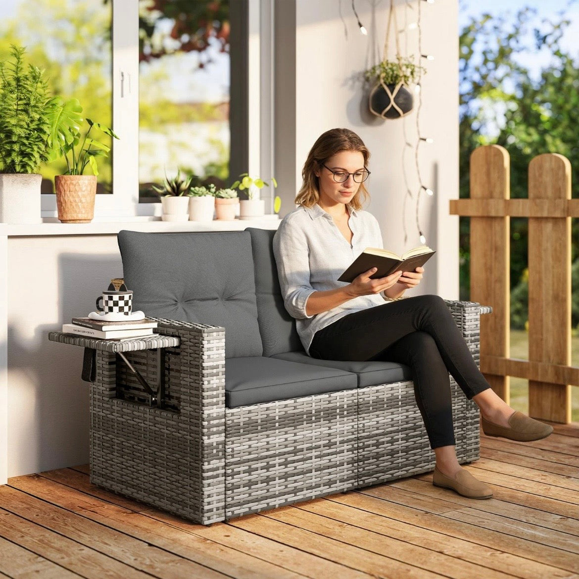 2-Sitzer Rattansofa Klappbar Seitentabletts Loungesofa Sitzgruppe