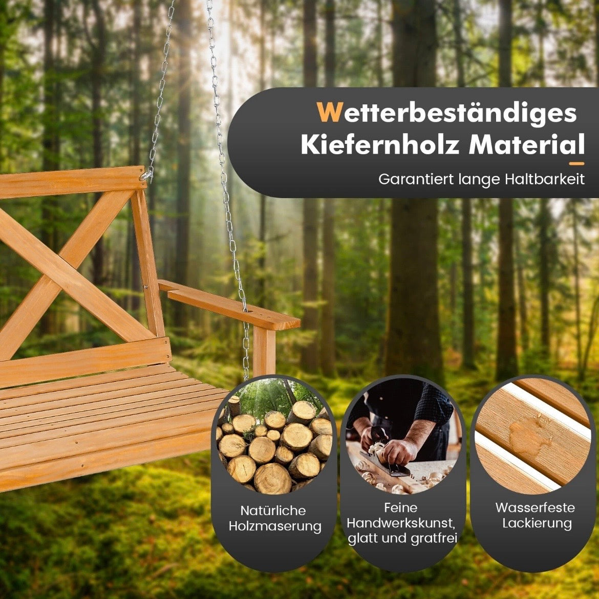 2-Sitzer Hollywoodschaukel Holz Gartenschaukel Hängebank Hängeschaukel