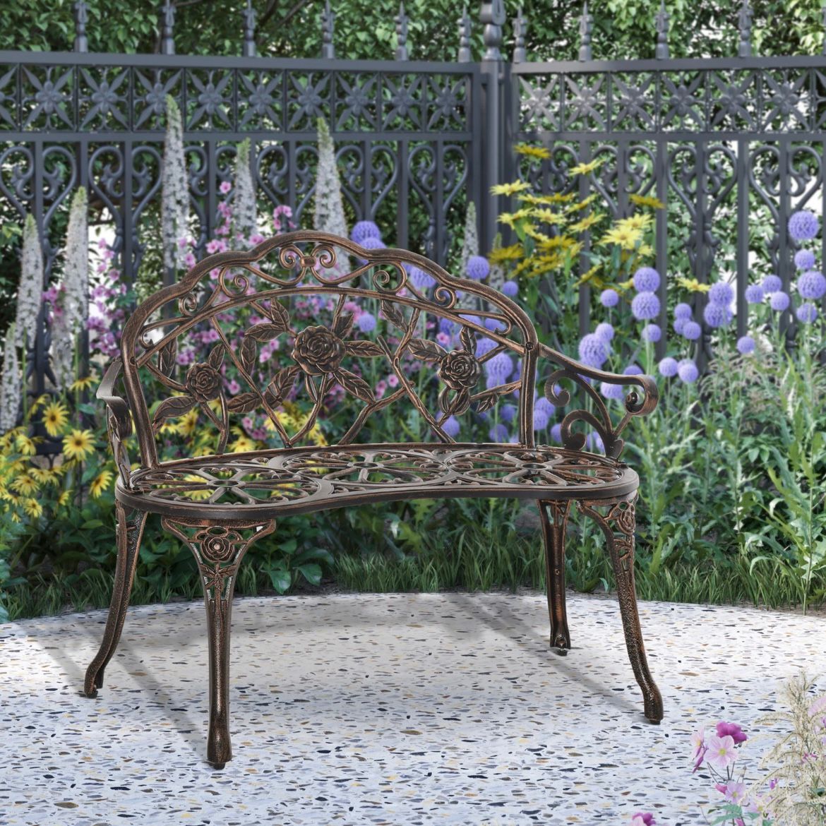 Antik Stil Gartenbank 2-Sitzer Sitzbank Blumenmuster Gartendeko