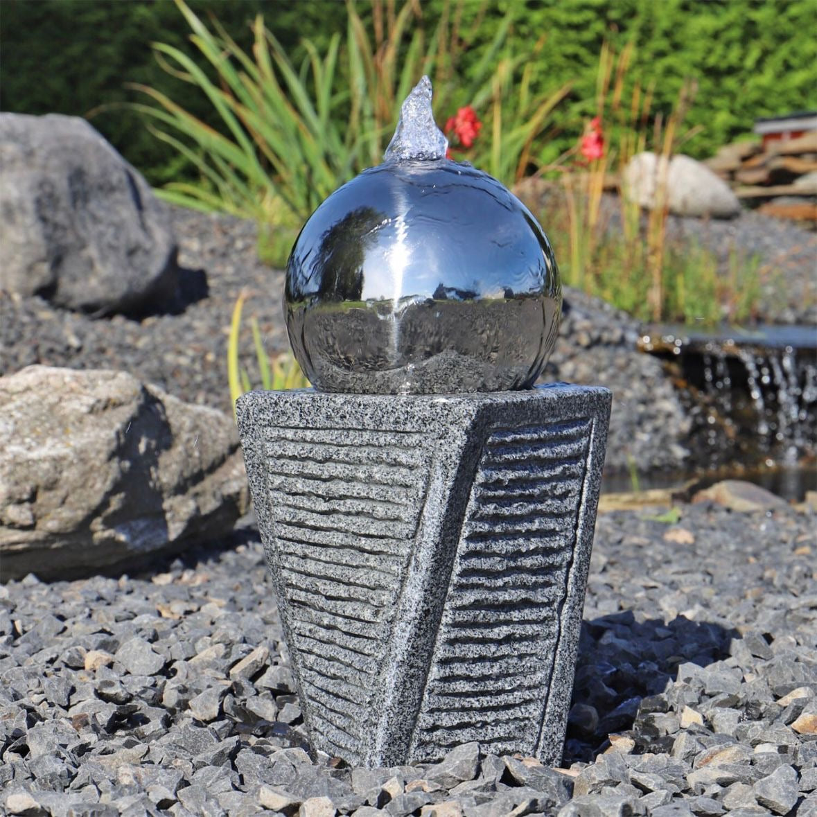 Granit Stein Springbrunnen Edelstahlkugel LED Brunnen