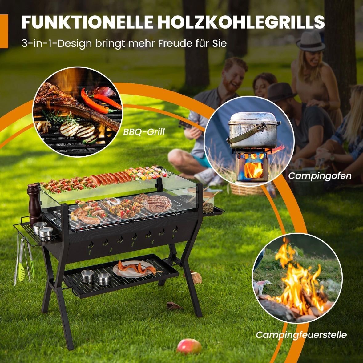 Holzkohlegrill Würzregalen Grillwagen Campinggrill BBQ Edelstahl Grill