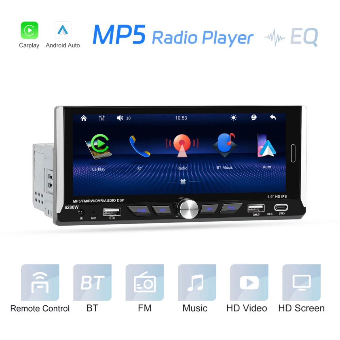Single 1DIN 6.9" Autoradio Apple CarPlay Android Bluetooth USB