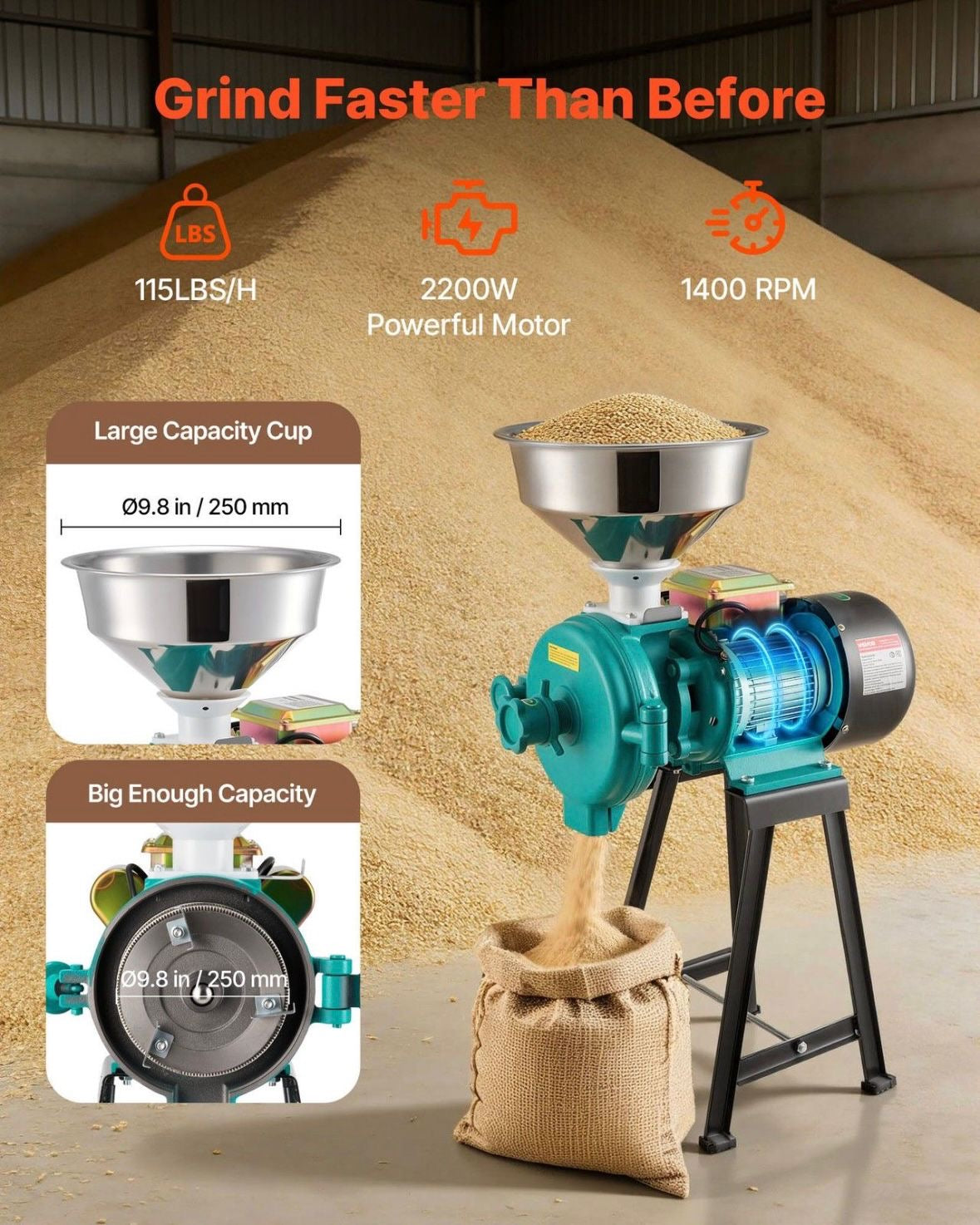 Elektrische Getreidemühle 50kg/h Gewerbliche Gewürzmühle 2200W