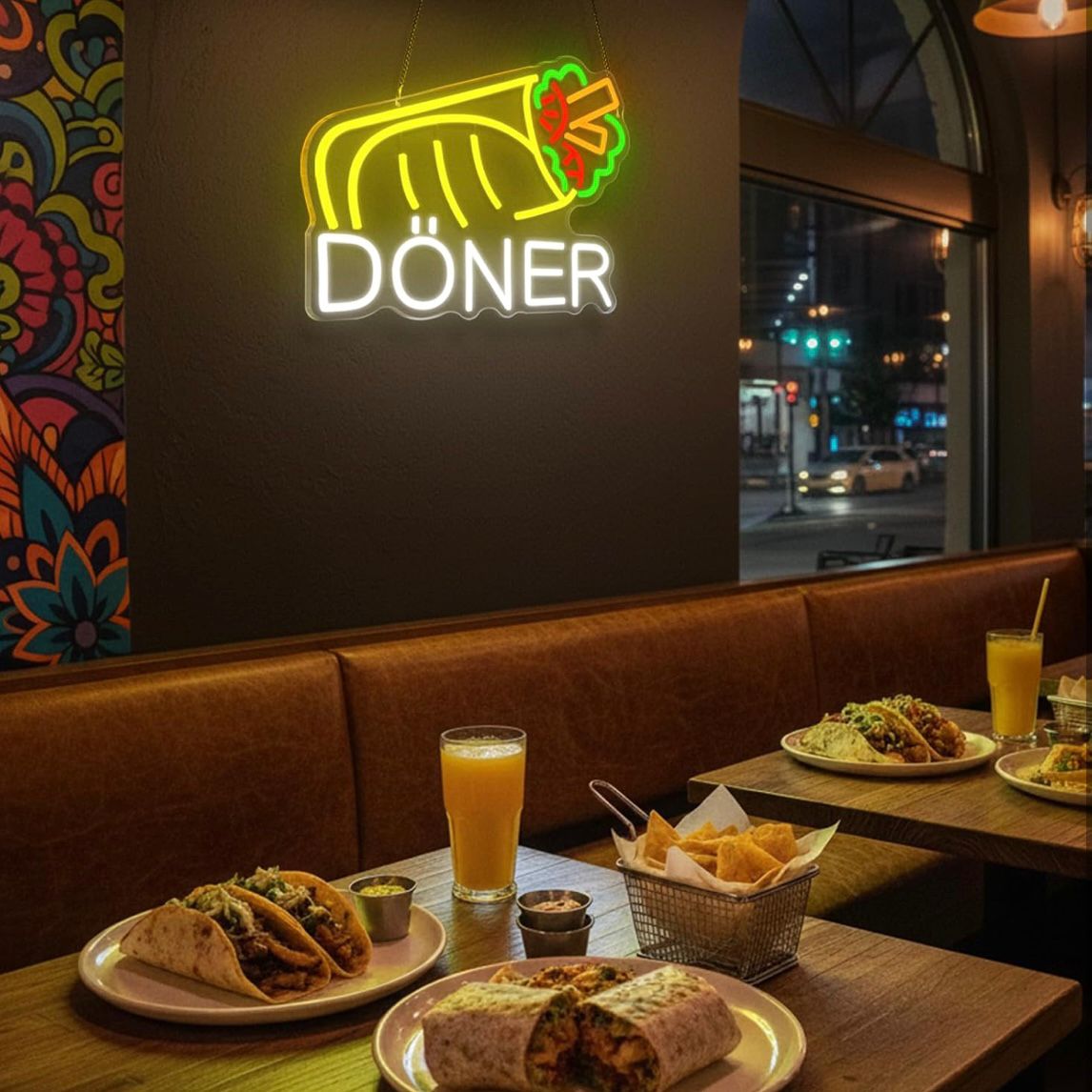 Döner Neon Schild LED Leuchtschild Hängeschild USB Dimmbar